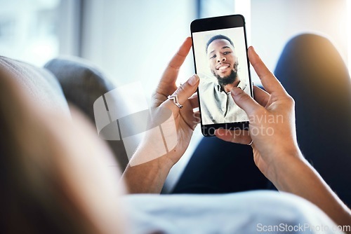 Image of Woman, hands and phone for video call on mobile communication app online. 5g internet technology, social conversation on smartphone and digital connection for relax screen connection on wifi at home