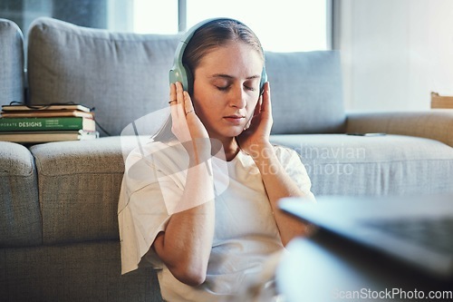 Image of Student, stuyding and headphones for relax, mental health and wellness music for higher education. Girl, university student and break from studies for education and knowledge and comfort