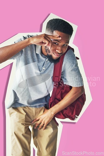 Image of African american, man and student with peace sign and gesture for education and knowledge on a cut out pink background with mockup. University student, guy and learning or study with hand sign