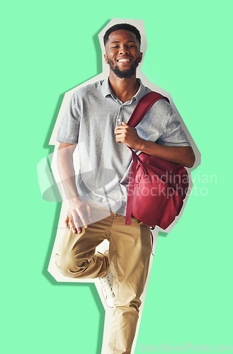 Image of University, education and portrait of student and man with backpack ready for learning and studying. Scholarship, smile and excited male college student from Nigeria on a green cut out background.