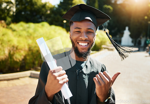 Image of Student graduation, black man with certificate in outdoor park or portrait of goal achievement in African university campus. Education success, happy graduate with college diploma or law scholarship
