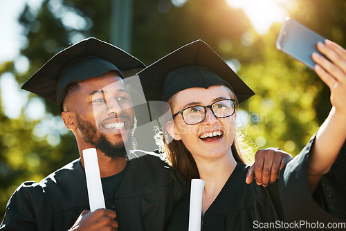 Image of Selfie, college graduation and students in university celebrate academic success with a happy smile, black gown and graduation cap. Education, graduate certificate and friends with diploma in hands