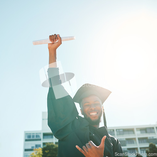 Image of University graduation, black man with student success or portrait with lens flare of sunshine. Celebrate achievement on Nigerian campus, african graduate with proud smile or education certificate