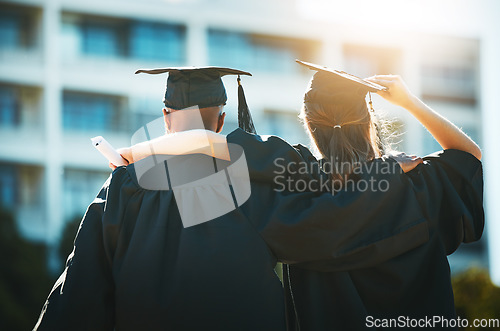 Image of Graduation, city and students celebrating academic achievement ceremony in urban background. Education, celebration and graduate student friends embrace or hug for educational success