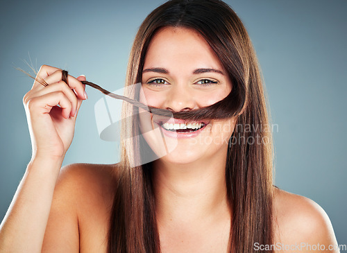 Image of Hair, hair care and woman in cosmetic and beauty portrait, keratin and hairstyle against studio background. Straight hair, growth and clean with haircare and texture in cosmetics mock up.