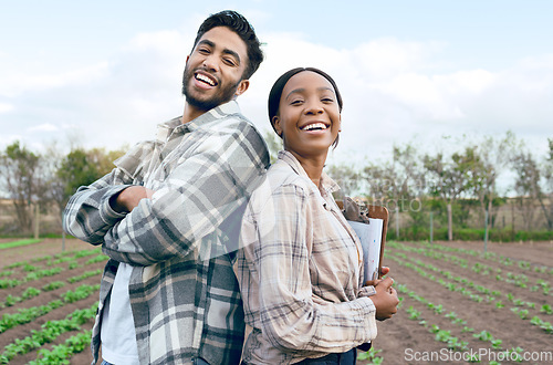 Image of Man, woman farmer or agriculture with checklist, farm and plants in portrait with smile. Couple, green crops and farming teamwork for vegetable, fruit or sustainability with happiness on agro field