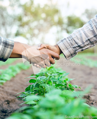 Image of Farming, agriculture and handshake for b2b business deal, partnership or agreement on agro farm shaking hands for trust, teamwork and growth. Man and woman farmer together for sustainability support