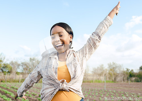 Image of Happy black woman, farmer and celebrate in portrait for success, harvest or goal in farming industry. Woman, agriculture or celebration outdoor on agro land with happiness, smile and countryside farm