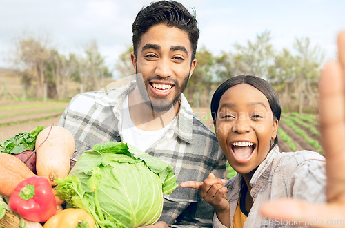 Image of Vegetables, agriculture and farmer couple on farm, sustainable farming portrait and organic harvest with fresh food and nature. Diversity, happy and sustainability with nutrition healthy diet.