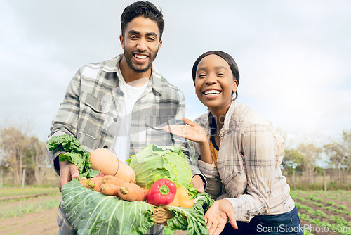Image of People, farm and portrait of man and woman with vegetable harvest in a basket on a agriculture field. Box, teamwork and interracial farming couple for eco friendly and sustainable produce vegetables