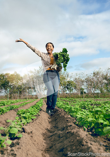 Image of Happy woman, portrait and celebrate agriculture, harvest and nature in gardening environment, plant field or sustainability in countryside. Excited, success and black woman agro farming green spinach