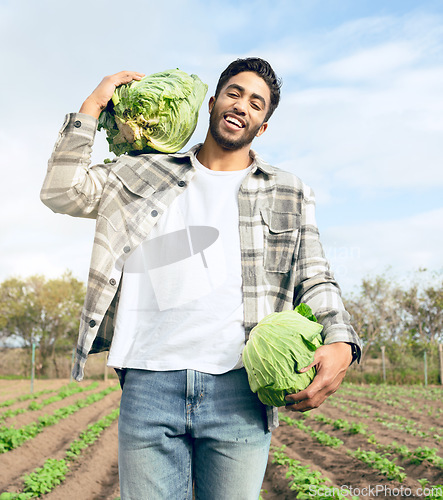 Image of Agriculture worker, lettuce and farm, sustainability working and organic food, happy smile and outdoor nature. Man farmer, smile and pride with vegetable growth or harvest from sustainable farming