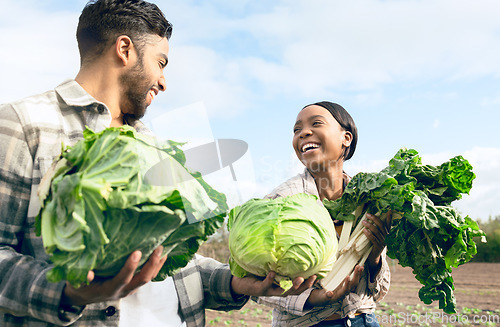 Image of Black couple, vegetables and happy for farming, harvest or agriculture in nature for food together. Man, black woman and farm with agro teamwork, smile or sustainability for health, nutrition or diet