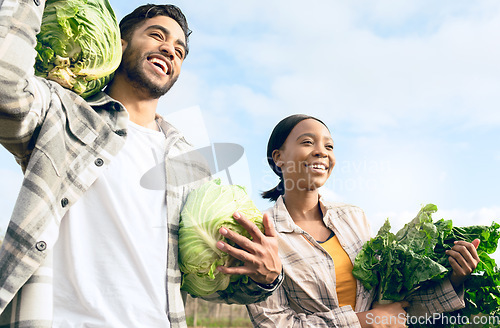 Image of Agriculture, farming and couple with green vegetables at eco friendly harvest time. Startup farm, sustainability and growth in small business for working man and woman agro farmer with happy smile.