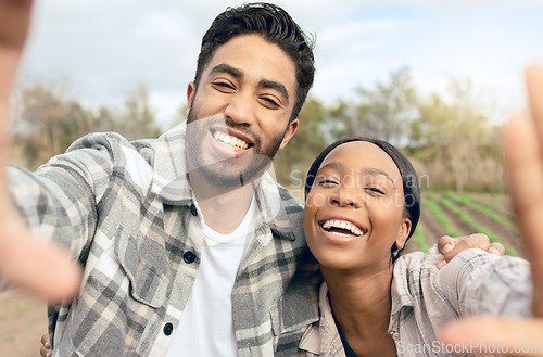 Image of Selfie, happy and interracial couple farming for their small business, agriculture and working together on a farm. Sustainability, smile and man and woman with a picture on a field in the countryside