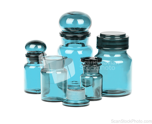 Image of Empty blue apothecary bottles isolated on white background