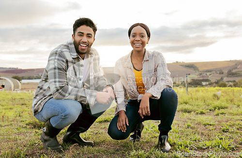 Image of Farm, agriculture and portrait of happy couple on grass field kneeling together for teamwork. Diversity, sustainability and happy man, woman and agro farmers preparing for plant farming work outdoors