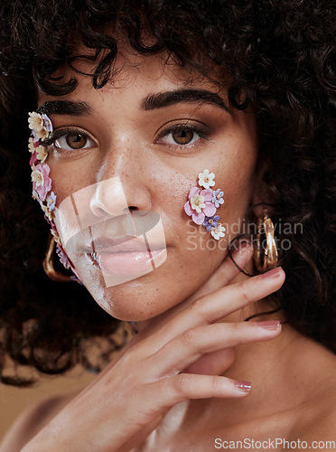 Image of Woman, beauty and face in fine art makeup, cosmetics or facial flower decor for profile or skincare design. Portrait of creative female model posing with beautiful floral cosmetic art deco treatment