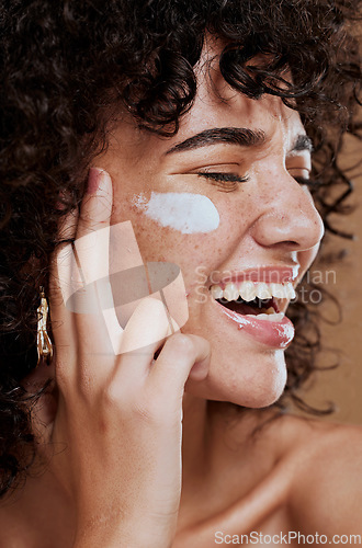Image of Happy woman, face cream and beauty, makeup product and sunscreen facial treatment for aesthetic shine. Young model, face freckles and body lotion, cosmetics and healthy skincare, wellness and melasma