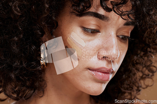 Image of Woman, beauty and face with makeup and foundation for cosmetics and skintone shade. Cosmetic, beauty face and latino female with colour swatches on her skin for concealer product for cosmotology.