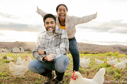 Image of Poultry, chicken and couple farming, freedom with livestock on agriculture land, field and nature portrait. Farmer, animal with man and woman on farm, chicken farm and sustainable in the countryside.