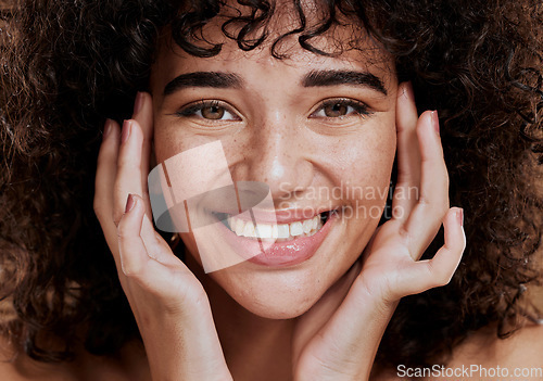 Image of Skincare, beauty and face portrait of woman in studio isolated on a brown background. Makeup cosmetics, aesthetics and happy female model from Brazil feeling satisfied with healthy skin and wellness