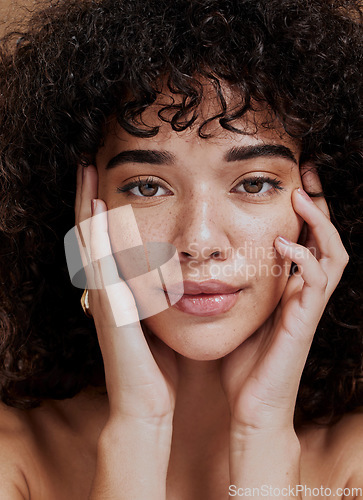 Image of Beauty, portrait and natural face of black woman with healthy freckle skin texture touch. Aesthetic, facial and skincare cosmetic model girl touching cheeks for self love and wellness.