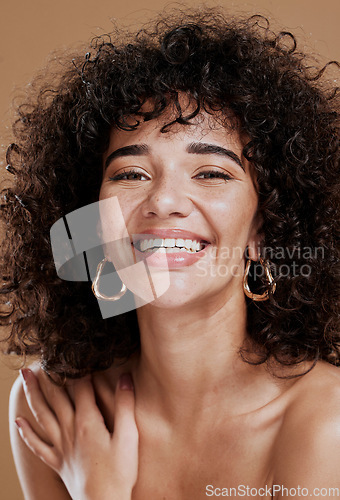 Image of black woman, face and smile for afro beauty or natural body skincare wellness in studio. African girl model, portrait and luxury skin dermatology for facial glow or healthy hair care cosmetics