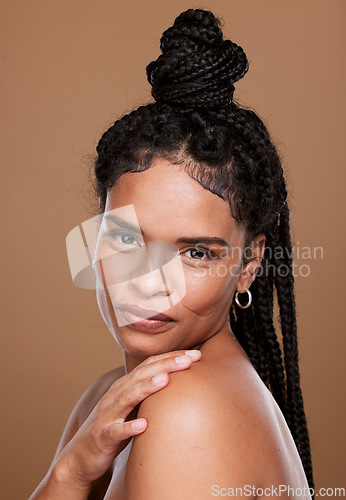 Image of Woman, beauty and portrait of black woman with braids for skincare, facial treatment and health or wellness. Beautiful female, luxury skin care and bodycare on a brown studio background