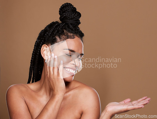 Image of Beauty, skincare and black woman mock up happy about facial wellness, cosmetic health and hands, Woman model with happiness of cosmetics, hair care and dark skin luxury dermatology product placement