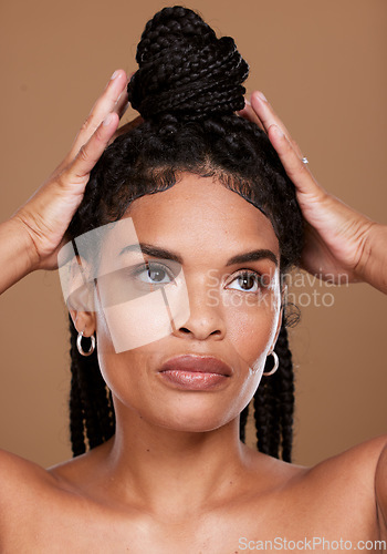 Image of Black woman, beauty and thinking for skincare, health and wellness on a brown studio background. Beauty model, cosmetology and bodycare or skin care with cosmetics, makeup and body for african female