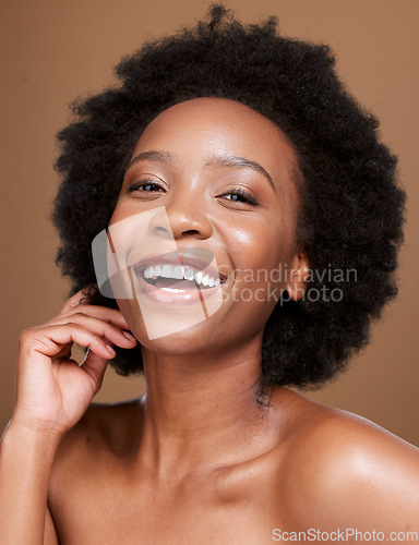 Image of Beauty, skincare and portrait of African girl happy with skin glow routine, luxury facial makeup or natural cosmetics. Health, salon afro hair care and aesthetic face of black woman with spa wellness