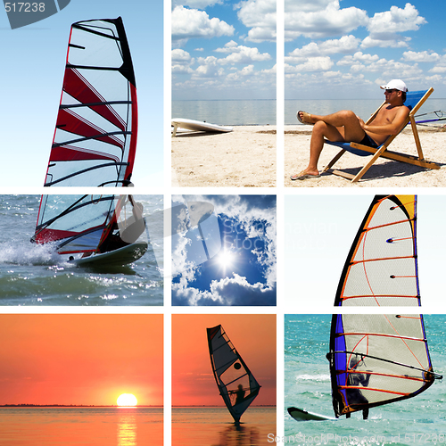 Image of Collage of images on a summer sports theme. Surfing
