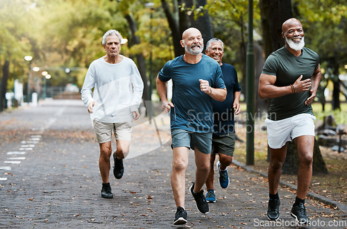 Image of Senior, man group and running on street together for elderly fitness and urban wellness with happiness. Happy retirement, smile and runner club in workout, diversity and teamwork in park for health