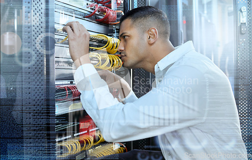 Image of Data center, IT technician and man in server room for 404 error, glitch and cybersecurity with cables for motherboard maintenance and assessment. Engineer working on connection for digital network