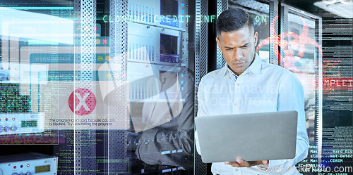 Image of Overlay, futuristic or programmer with laptop in server room for 404 computer glitch, cybersecurity or software analytics. Digital coding, hacker or developer for virus data analysis work web server