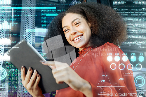 Image of Overlay, futuristic and business woman with tablet, for 3d, trading and analytics for fintech data or tech. Double exposure, information technology and ai on website dashboard with digital technology