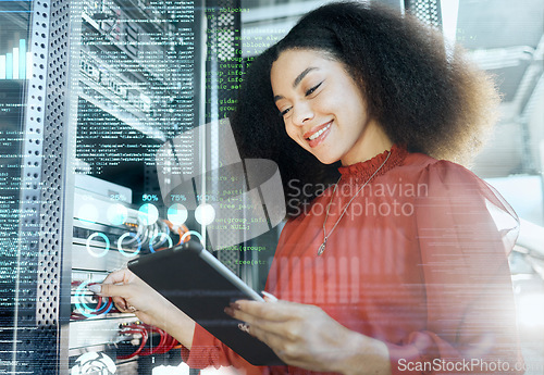 Image of Black woman, tablet and server check internet connection, cyber security or coding programming information. IT specialist, female programmer and lady work on cloud computing, system admin and online.