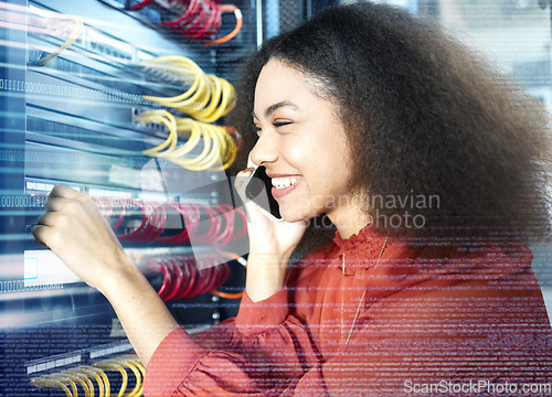 Image of Server, engineer and phone call in data center with futuristic overlay for cloud computing, maintenance and big data. Tech, cyber security and smartphone communication of black woman in it career.