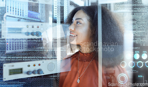 Image of Overlay, data center and black woman doing maintenance in a server room for information technology, cybersecurity and network. Happy It technician at motherboard working on future technology software