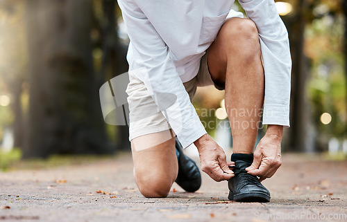 Image of Workout, fitness and man tying shoes on feet, running on garden path, healthy exercise in nature. Health, wellness and sports footwear, motivation for exercise for runner on morning training routine.