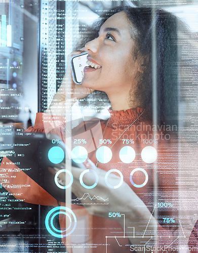 Image of Overlay, chart and software engineer with phone call, graph and analytics with server maintenance or upgrade with tablet. Happy programmer, woman and check data, double exposure and technology coding