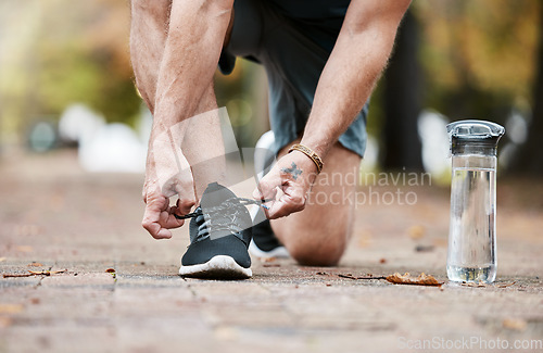 Image of Fitness, exercise and running shoes while tying shoelace on ground with water bottle for cardio workout or training. Hands of man with sneakers outdoor for run and performance for health and wellness