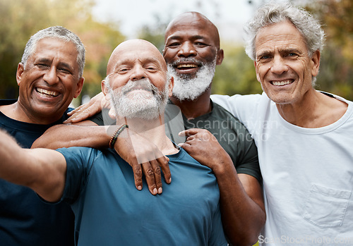 Image of Senior, man group and fitness selfie at park together for elderly health or wellness for happiness smile. Happy retirement, friends portrait or runner club in diversity, teamwork or outdoor training