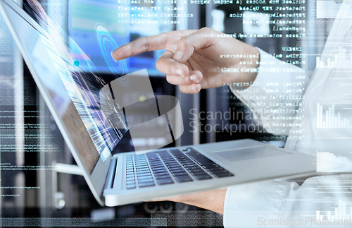 Image of 3d, futuristic and cloud laptop hands of expert working on update with projection and overlay. Tech, digital and professional it employee busy with server cybersecurity and system maintenance.