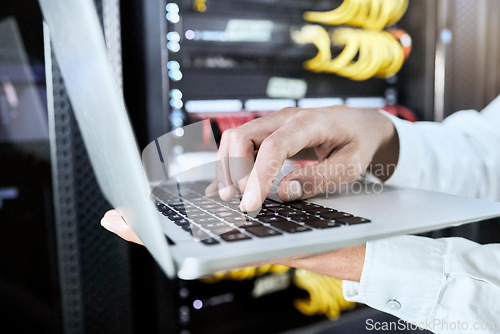 Image of Hand, laptop or programmer working on software coding, programming or 404 error glitch for cybersecurity. Computer, internet or zoom of IT hand for research, hacking or website information technology