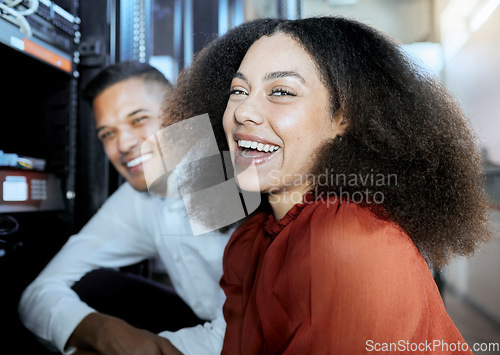 Image of Portrait, black woman and information technology, server and happy worker, funny conversation and teamwork in IT. Computer engineer, woman and man working of hardware upgrade, maintenance and ai tech