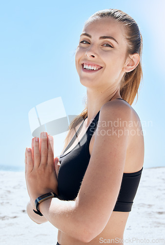 Image of Yoga, meditation and woman with peace at the beach, zen and calm during training at sea in Brazil. Fitness, freedom and portrait of a girl with exercise for mind and spiritual wellness at the ocean