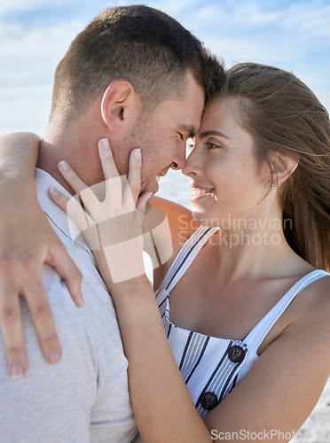 Image of Love, face and couple hug being happy, smile or quality time for vacation, romance or bonding together for holiday. Romantic, man and woman in relationship, date or loving with embrace content or joy