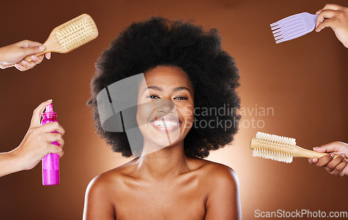 Image of Portrait, hair care and black woman with smile, hair products and happy for styling, joy and confident on brown studio background. African American female, afro and scalp massage for growth and care